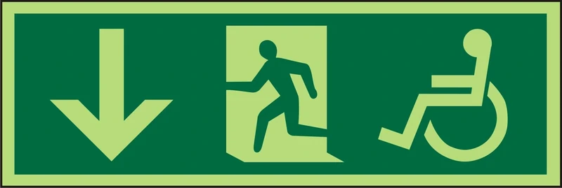 Seco DDA Fire Exit - Arrow Pointing Down, Man Running Left, Wheel Chair Pictogram Sign, 450mm x 150mm - Photoluminescent 2mm Prestige Acrylic