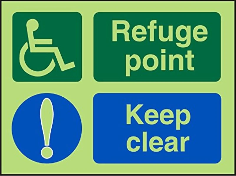 Seco DDA Fire Exit - Wheel Chair, Refuge Point, Exclamation Mark, Keep Clear Sign, 200mm x 150mm - Photoluminescent 2mm Prestige Acrylic