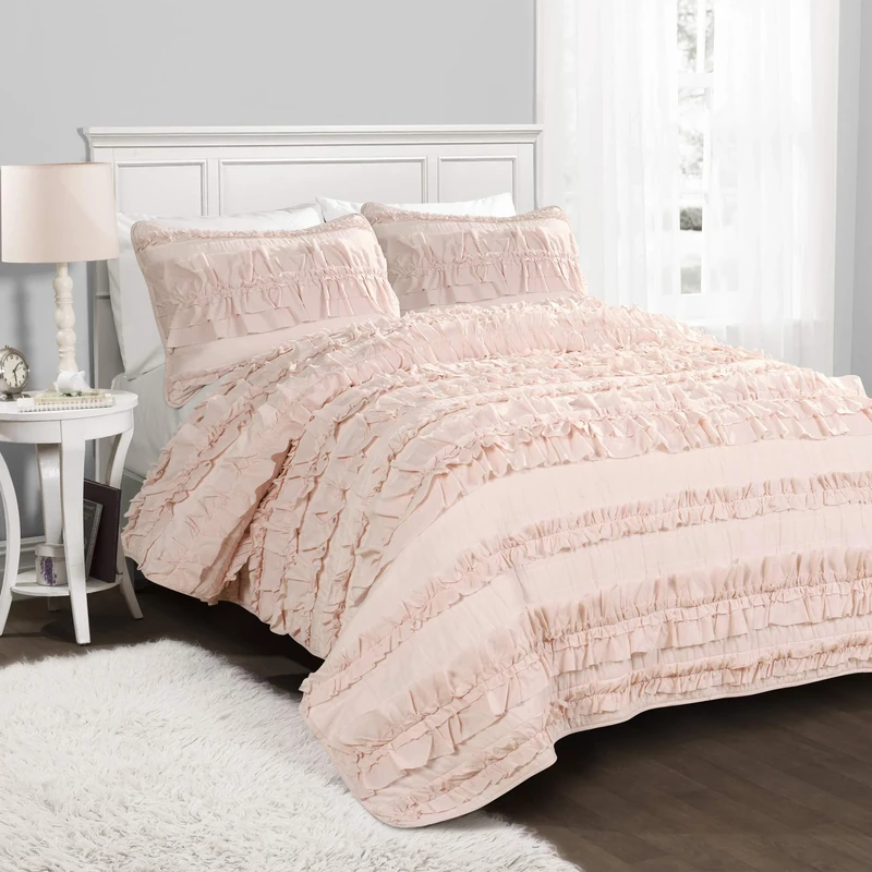 Lush Decor Quilt Shabby Chic Farmhouse Style 3 Piece Ruffle Bedding Set, Cotton, Pink Blush, Queen