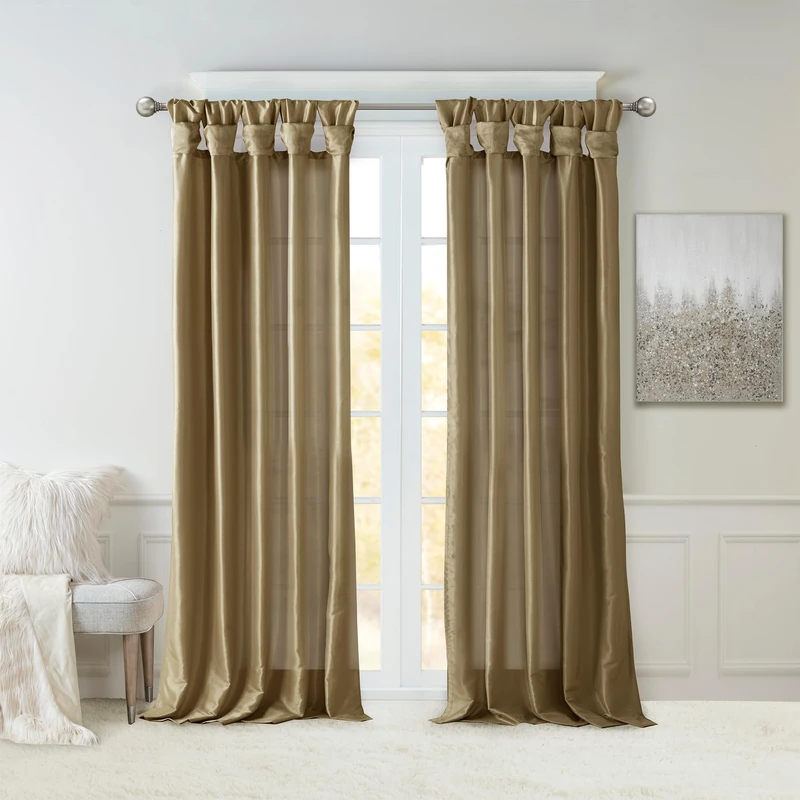 Madison Park Emilia Faux Silk Single Curtain with Privacy Lining, DIY Twist Tab Top, Window Drape for Living Room, Bedroom and Dorm, 50x108, Bronze Brown