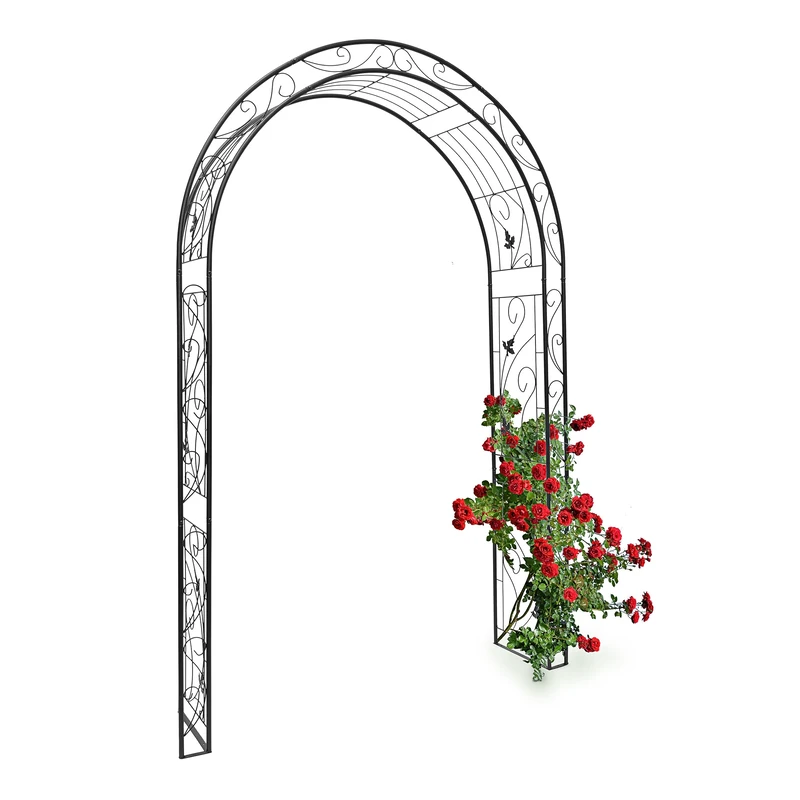 Relaxdays Rose Arch with Leaf Pattern, 226 x 144 x 36.5 cm, Archway as Support for Climbing Plants, Iron, Black