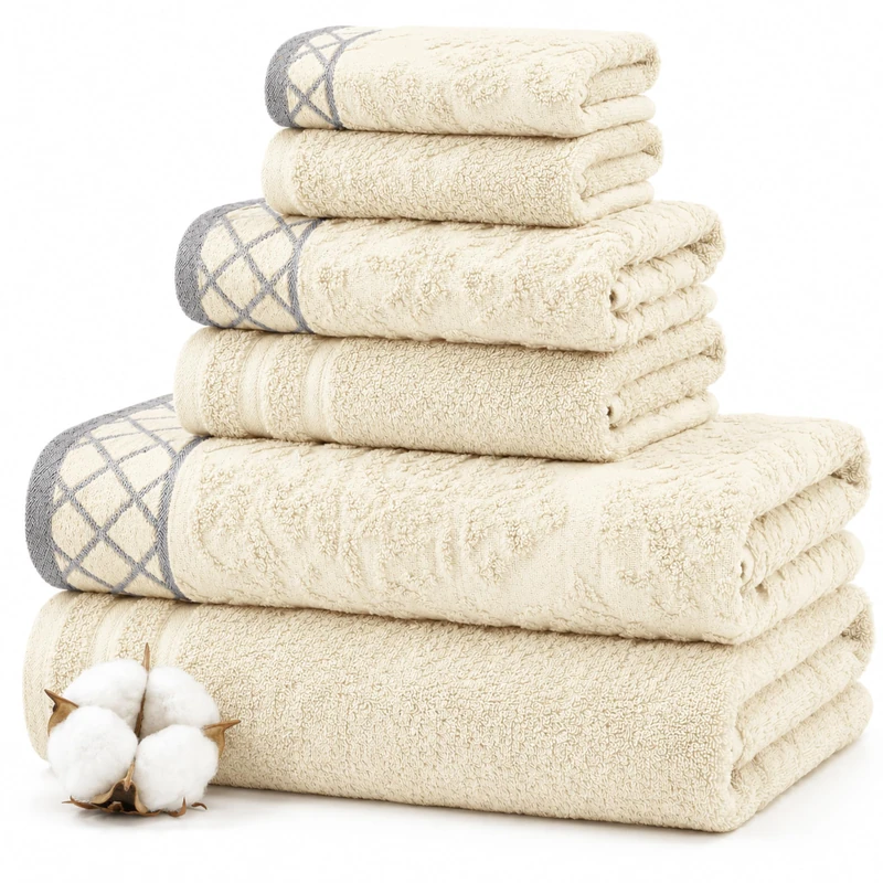 Pacific Coast Textiles Damask Jacquard Towels with Embellished Border Set, Cotton, Ivory, Single Size, 6-Piece - Image 1