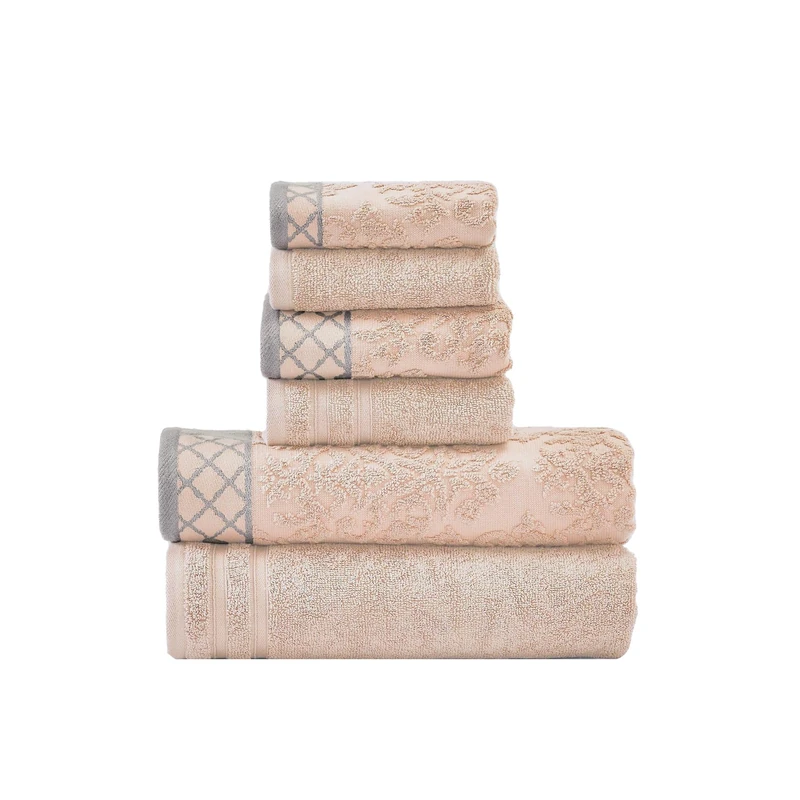 Pacific Coast Textiles Damask Jacquard Towels with Embellished Border, Cotton, Peach, Set of 6