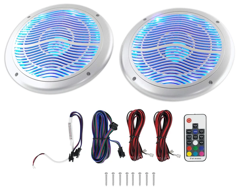 Rockville RMC65LS Pair 6.5" 2-Way Silver Marine Speakers, 600W Peak/150W RMS, Multi-Color LED, Remote, Waterproof, for Boats & Outdoor Audio