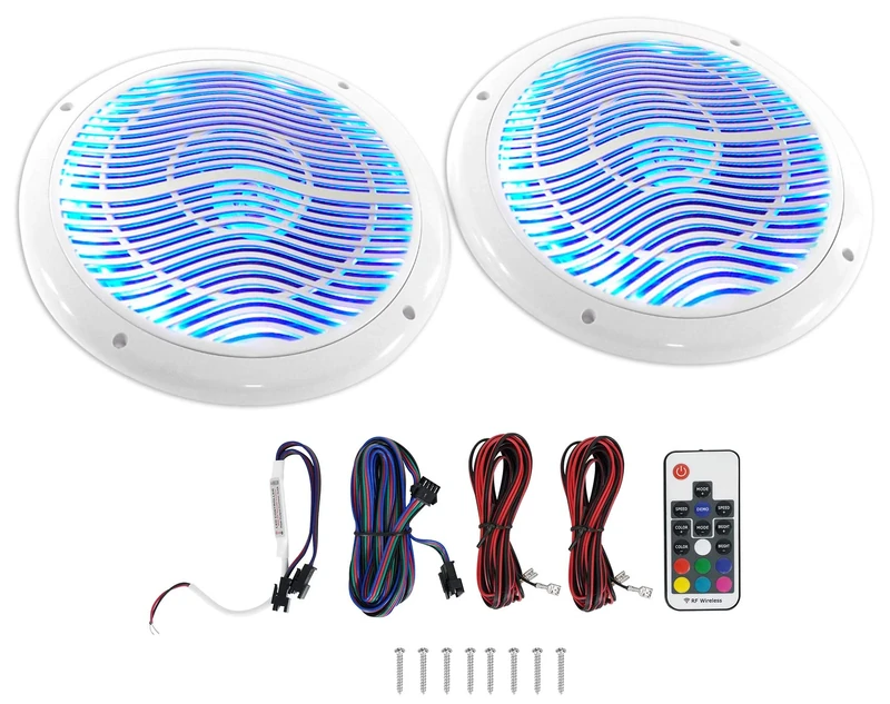 Rockville Pair RMC65LW 600W Peak / 75W RMS 2-Way White Marine Speakers, Multi-Color LED Lighting, Remote Control, Waterproof, Perfect for Boats and Outdoor Audio
