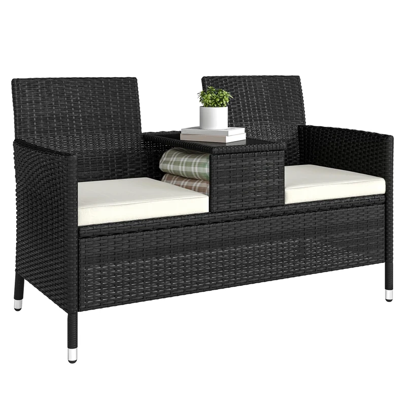 Outsunny Garden Rattan 2 Seater Companion Seat Wicker Love Seat Weave Partner Bench w/Cushions Patio Outdoor Furniture (Black)