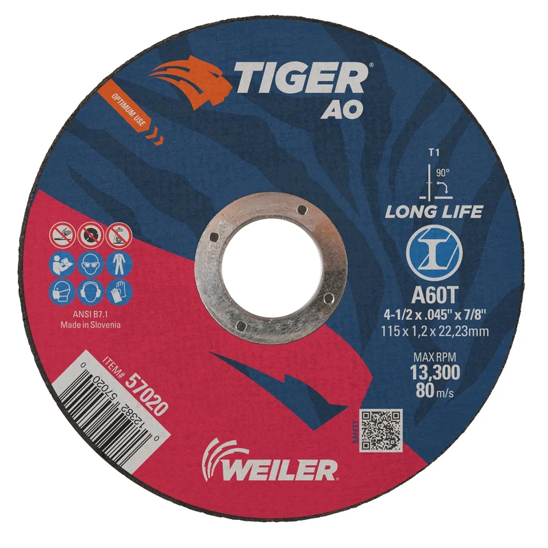 Weiler 57020 Tiger 4-1/2" Cutting Wheel, 0.045" Thick, Type 1, A60T, 7/8" A.H. (Pack of 25)