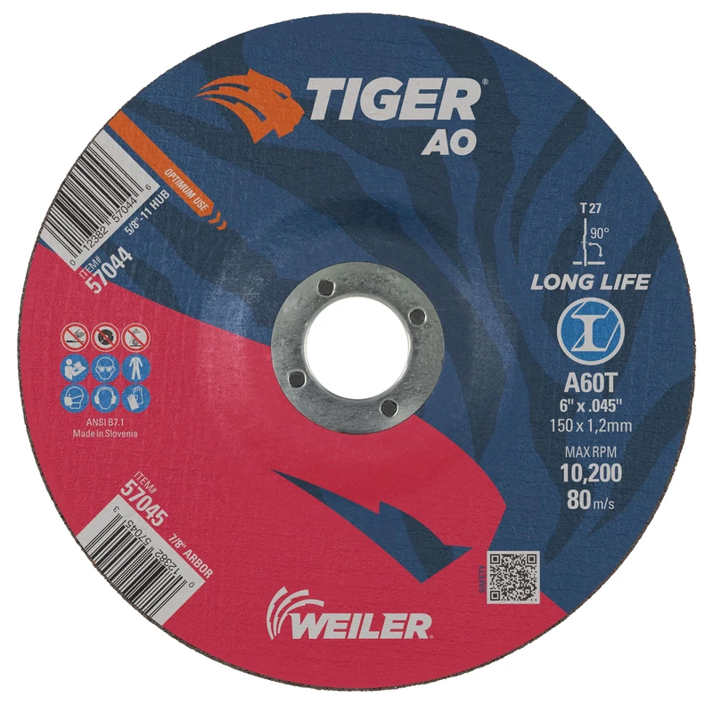 Weiler 57045 Tiger 6" Cutting Wheel, 0.045" Thick, Type 27, A60T, 7/8" A.H. (Pack of 25)
