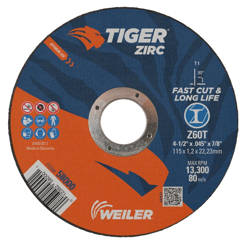 Weiler 58000 4-1/2" x 0.045" Tiger Zirc Type 1 Thin Cutting Wheel, Z60T, 7/8" A.H. (Pack of 25)