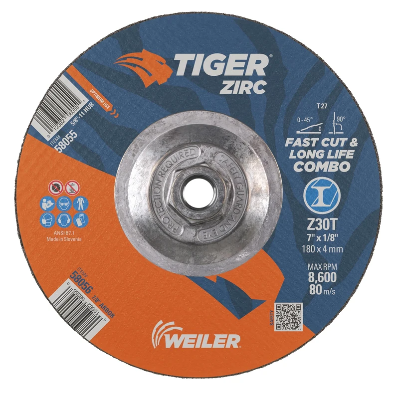 Weiler 58055 7" x 1/8" Tiger Zirc Type 27 Cut and Grind Combo Wheel, Z30T, 5/8"-11 UNC Nut (Pack of 10)