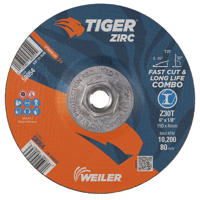 Weiler 58054 6" x 1/8" Tiger Zirc Type 27 Cut and Grind Combo Wheel, Z30T, 5/8"-11 UNC Nut (Pack of 10)