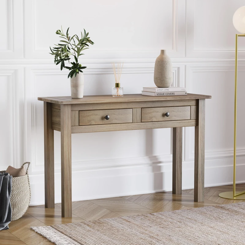 Vida Designs Panama Console Table 2 Drawer, Living Room Furniture, Natural Oak, Wax Finish