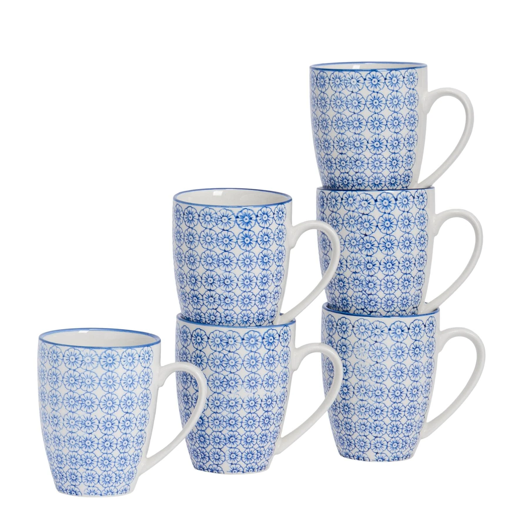 Nicola Spring Hand-Printed Mug - 330ml - Navy - Pack of 6 - Porcelain Hot Chocolate Cups Tea & Coffee Mugs for Kitchens, Cafes & Restaurants
