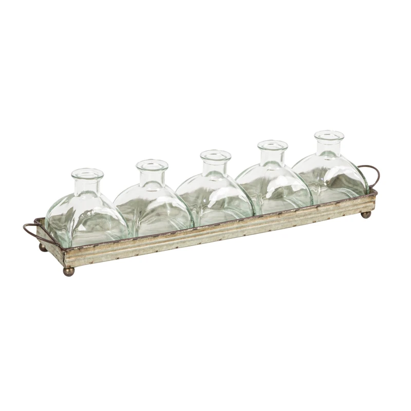 Decorative Iron Rectangle Tray with Handles & 5 Glass Vases