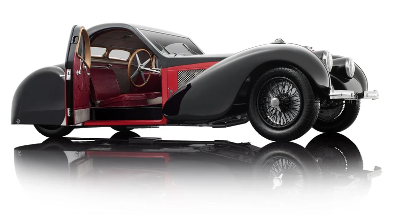 Bauer Exclusive Bugatti Type 57SC Atalante 1937: Faithful, Limited Edition Model Car 1:12, Doors and Bonnet Movable, Black/Red (7828-Z75)