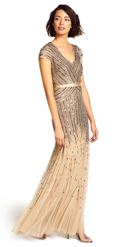 Adrianna Papell womens092868951Floor Length Beaded Cap Sleeve V-Neck Dress Short-Sleeve Dress - Beige - 20 Plus