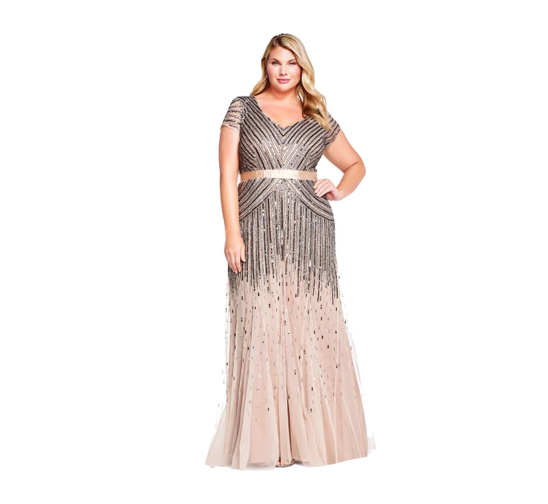 Adrianna Papell Women's Plus Size Floor Length Beaded Cap Sleeve V-Neck Dress, Nude, 24