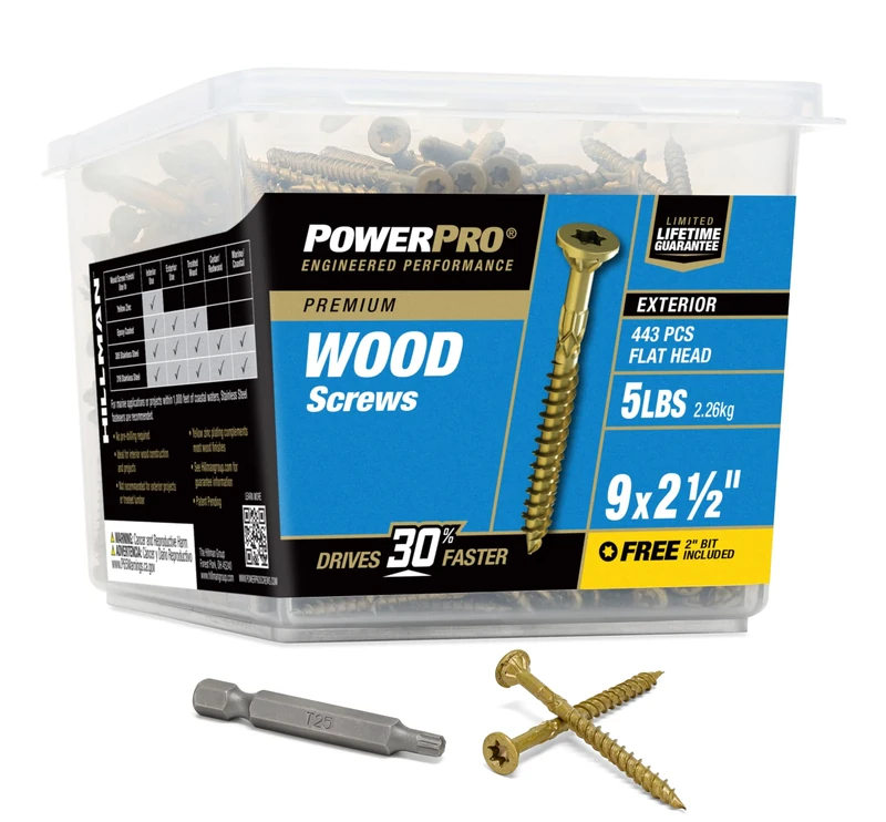 Power Pro 48610 Wood Screws, #9 x 2-1/2", Premium Outdoor Deck Screws, Rust Resistant, Epoxy Coated Bronze, 5lb Tub, 501 pcs