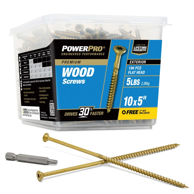 Power Pro 48617 Wood Screws, #10 x 5", Premium Outdoor Deck Screws, Rust Resistant, Epoxy Coated Bronze, 5lb Tub, 213 pcs