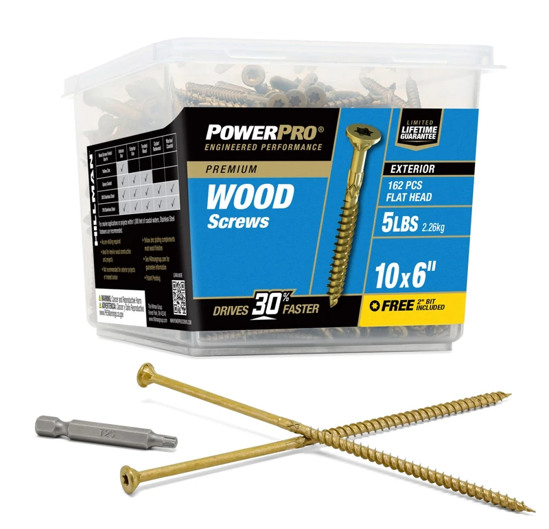 Power Pro 48618 Wood Screws, #10 x 6, Premium Outdoor Deck Screws, Rust Resistant, Epoxy Coated Bronze, 5lb Tub, 177 pcs