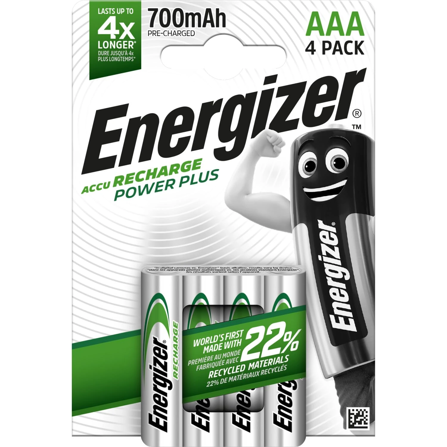 Energizer Recharge Power Plus - Rechargeable AAA Batteries (4 Pack) - 700 mAh NiMH Triple A Battery - 100% Recyclable Plastic Free Packaging