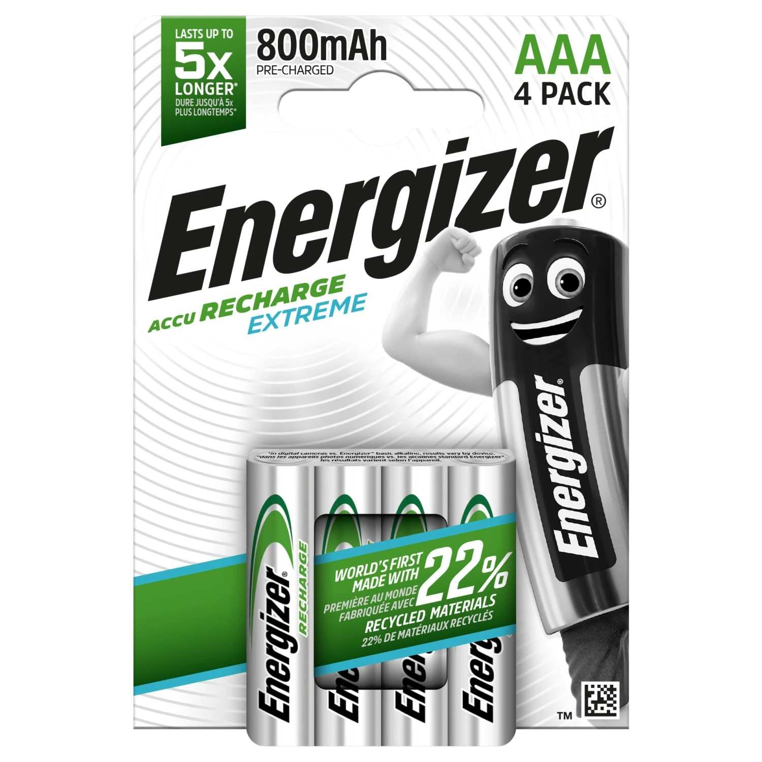 Energizer Recharge Extreme - Rechargeable AAA Batteries (4 Pack) - 800 mAh NiMH Triple A Battery - 100% Recyclable Plastic Free Packaging