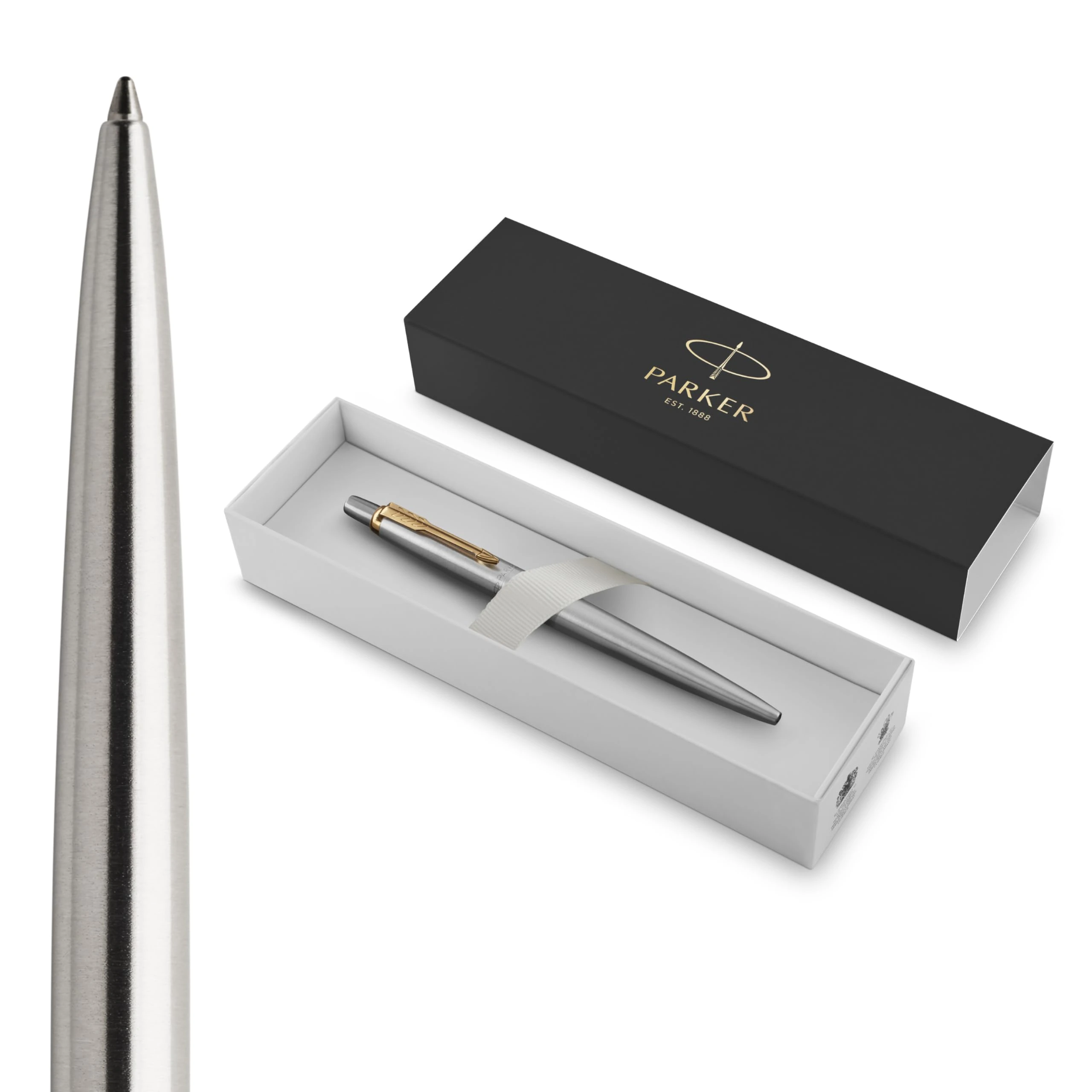 Parker Jotter Ballpoint Pen | Stainless Steel with Golden Trim | Medium Point | Handwriting Pens & Stationery Supplies | Blue Ink | Gift Box