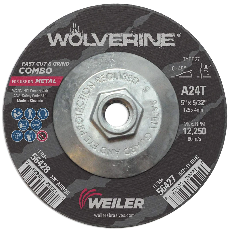 Weiler 56427 5" x 1/8" Wolverine Type 27 Cut and Grind Combo Wheel, A24T, 5/8" 11 UNC Nut (Pack of 10)