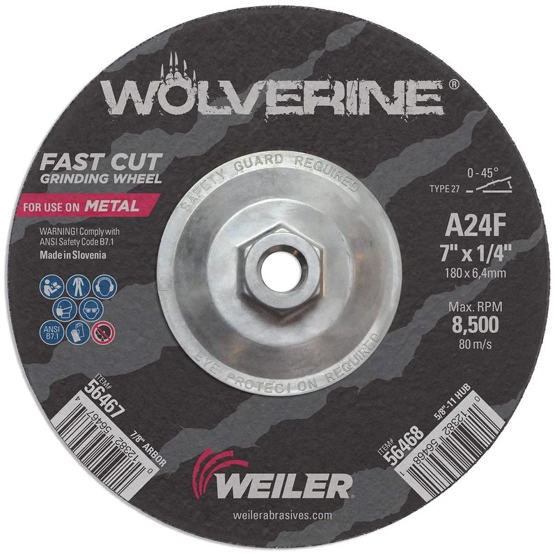 Weiler 56468 7" X 1/4" Wolverine Type 27 Grinding Wheel, A24R, 5/8"-11 Nut (Pack of 10)