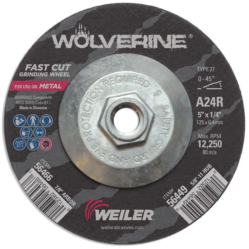 Weiler 56449 5" X 1/4" Wolverine Type 27 Grinding Wheel, A24R, 5/8"-11 Nut (Pack of 10) - Image 1