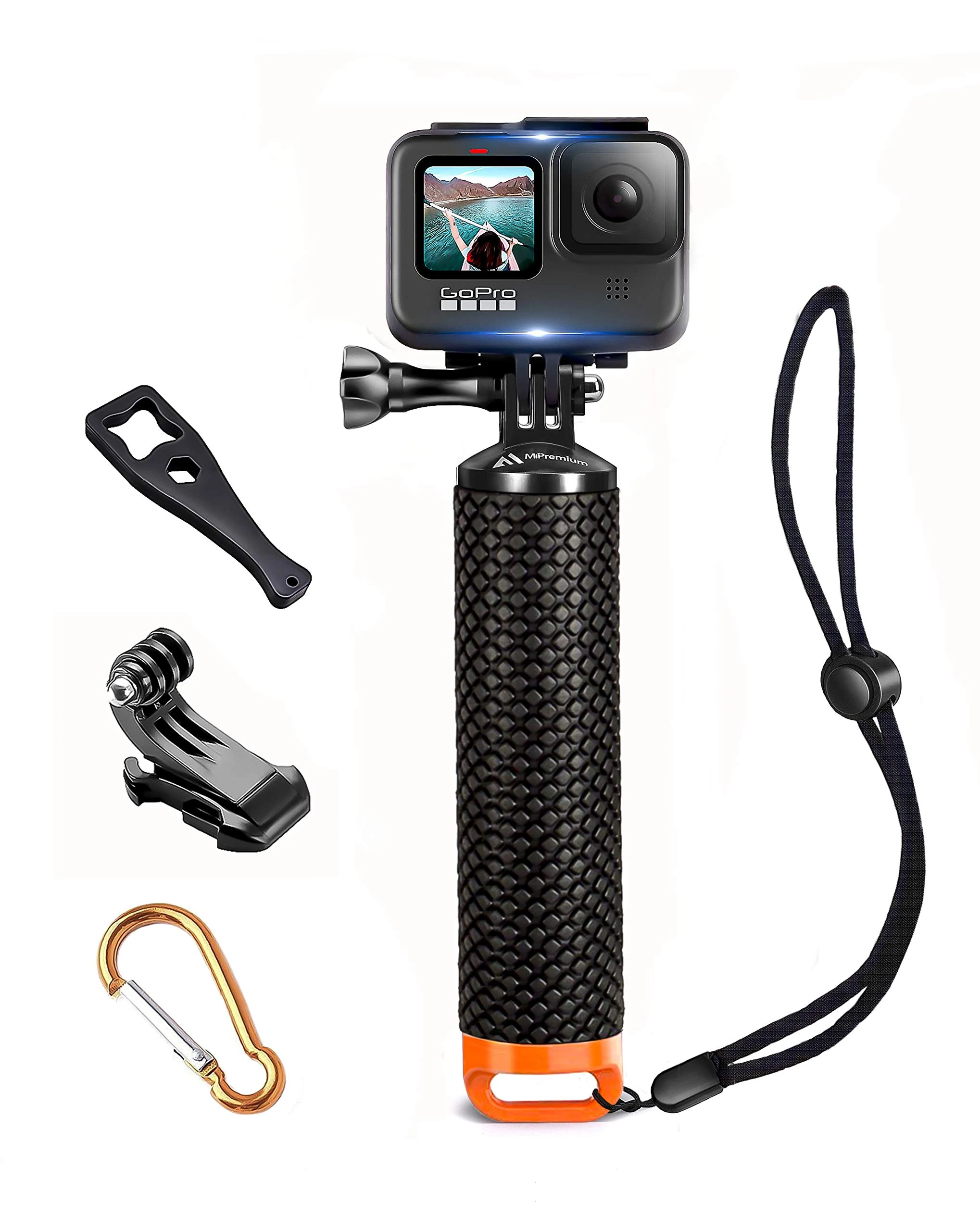 Waterproof Floating Hand Grip compatible with GoPro Hero 13 12 11 10 9 8 7 6 5 4 3 3+ 2 1 Session Black Silver Camera Handler & Handle Mount Accessories Kit for Water Sport and Action Cameras (Orange)