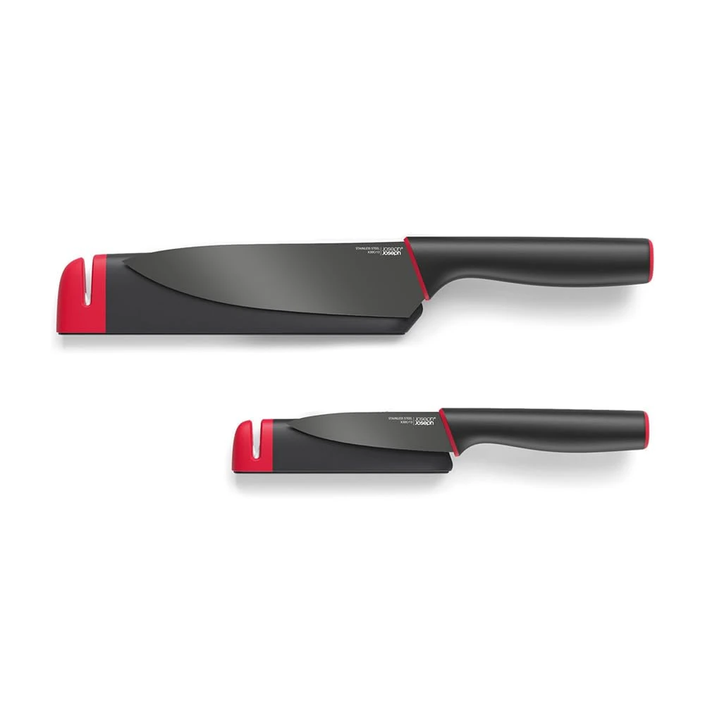 Joseph Joseph Slice and Sharpen Knives with 6 Inch Chef's Knife and 3.5 Inch Paring Knife - Black/Red