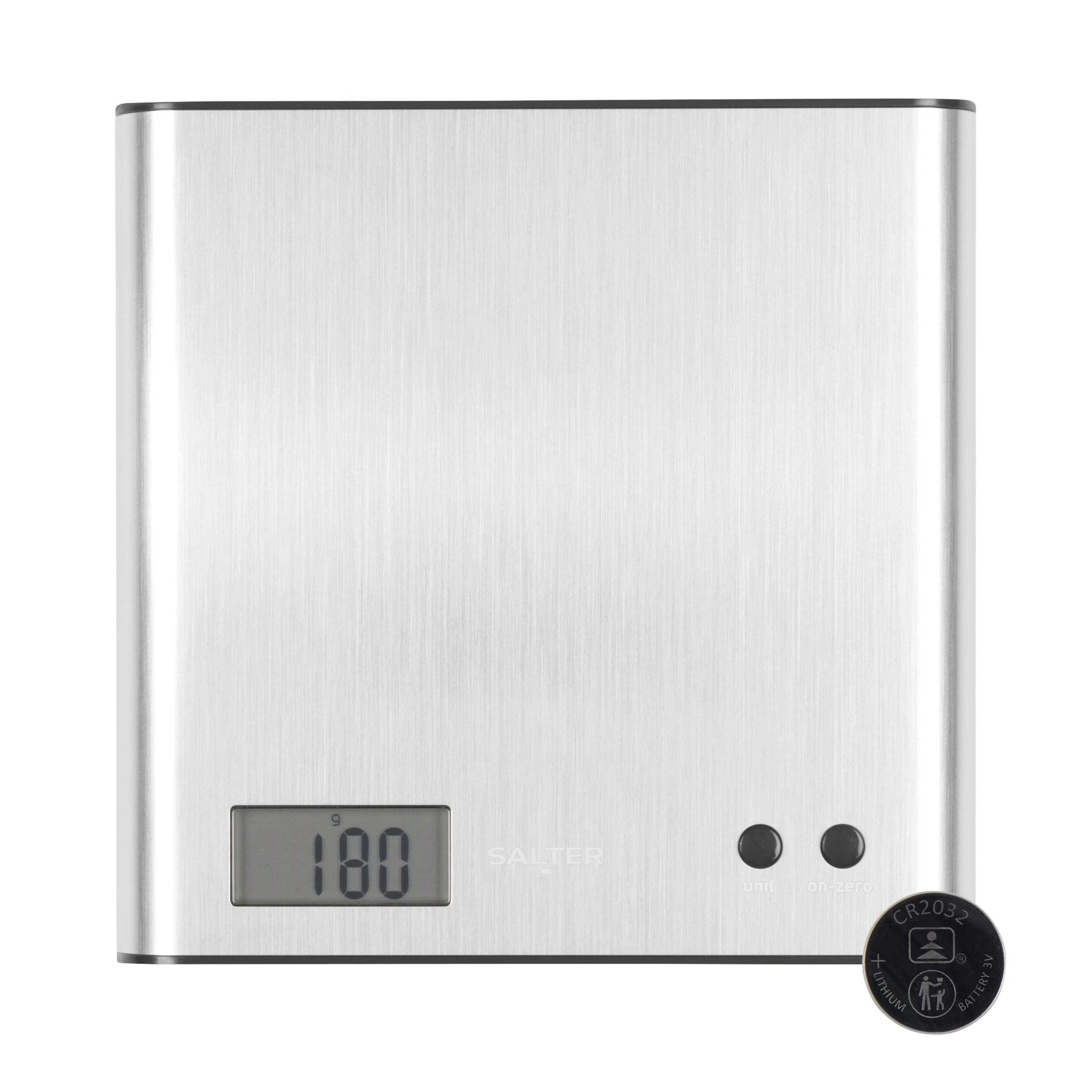 Salter 1087 SSDR Arc Kitchen Scale – Digital Food Weighing Scales, Precise Cooking/Baking, Slim Platform for Compact Storage, Add & Weigh/Tare Function, 3kg Capacity, Battery Included, Stainless Steel