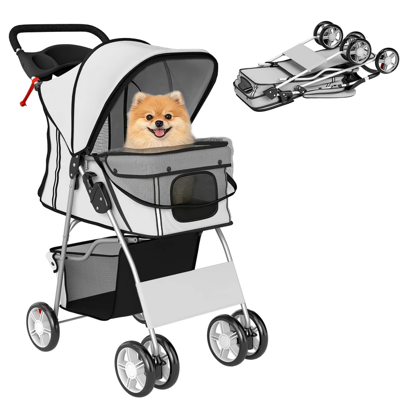 PawHut Pet Stroller for Small Dogs Cats Foldable Travel Carriage with Wheels Zipper Entry Cup Holder Storage Basket Grey