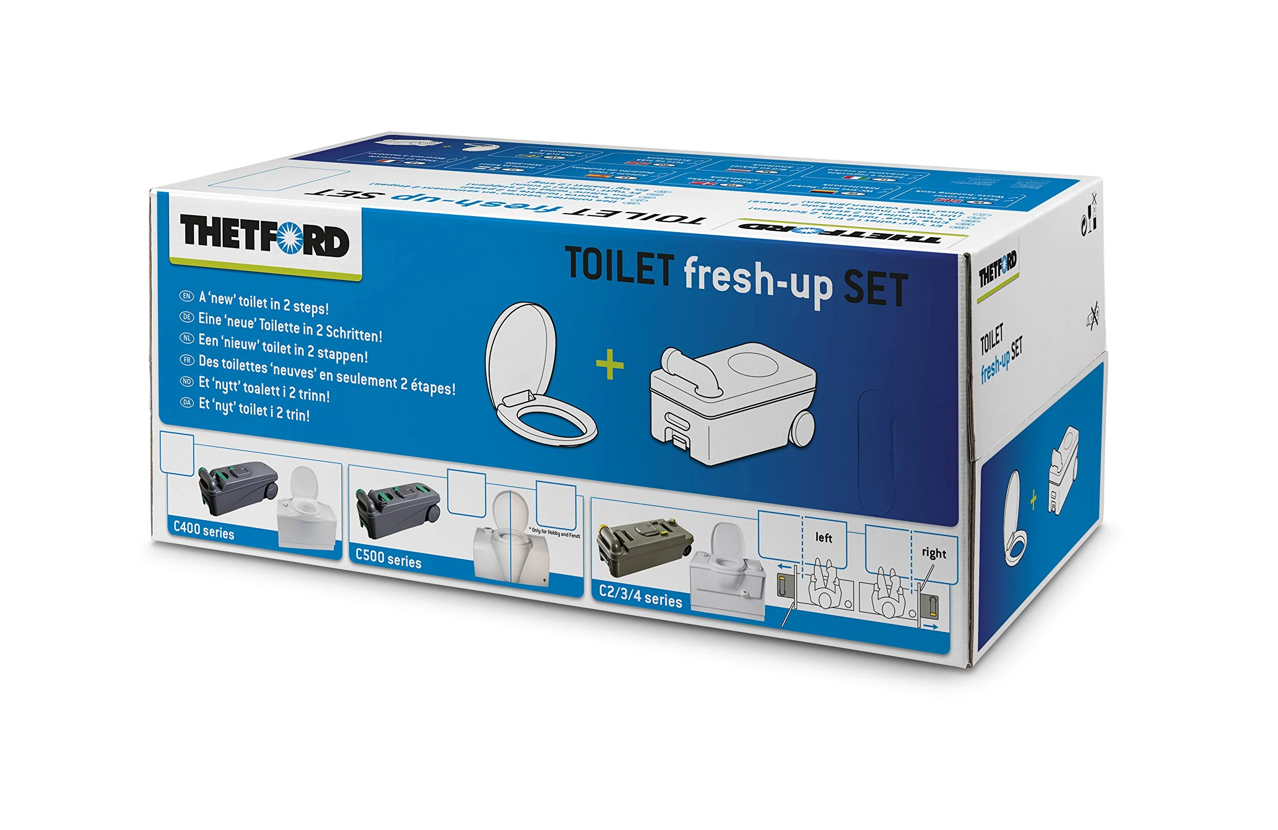 Thetford Fresh Up Set C-2/3/4 Left with Wheels and Handle, Includes Glasses/Tank Cleaner 1L For Faeces Tank + Bathroom Cleaner (500ml) Caravan Camping Mobile Outdoor Toilet, White