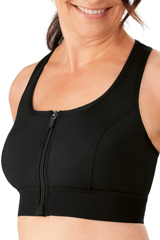 AMOENA Women's Zip Front Medium Support Pocketed Sport Bra, Black, L