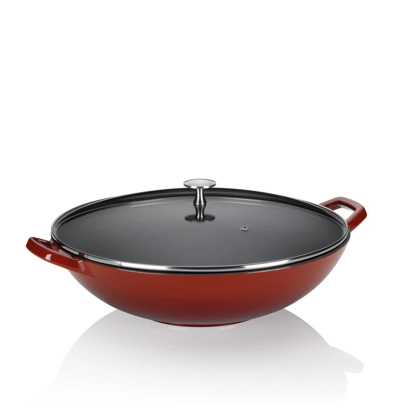 kela cast Iron Wok with Glass lid 36 cm CALIDO, Induction Wok, Wok pan with lid, Enamelled, red