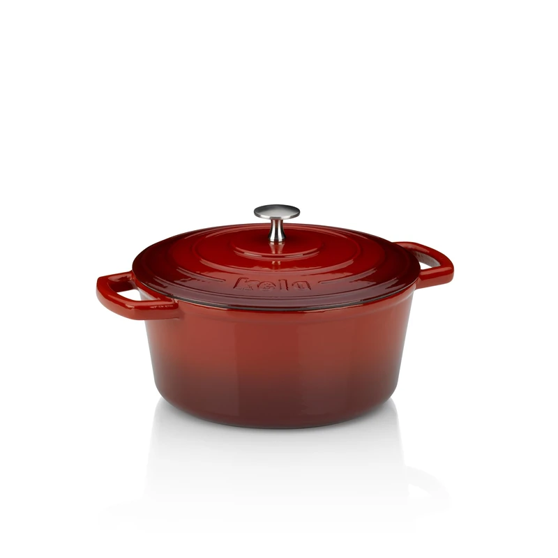 Kela roaster cast iron round 3.8 litres, Dutch Oven CALIDO, induction cast iron roaster with lid, cast iron pot for baking bread, enamelled, red