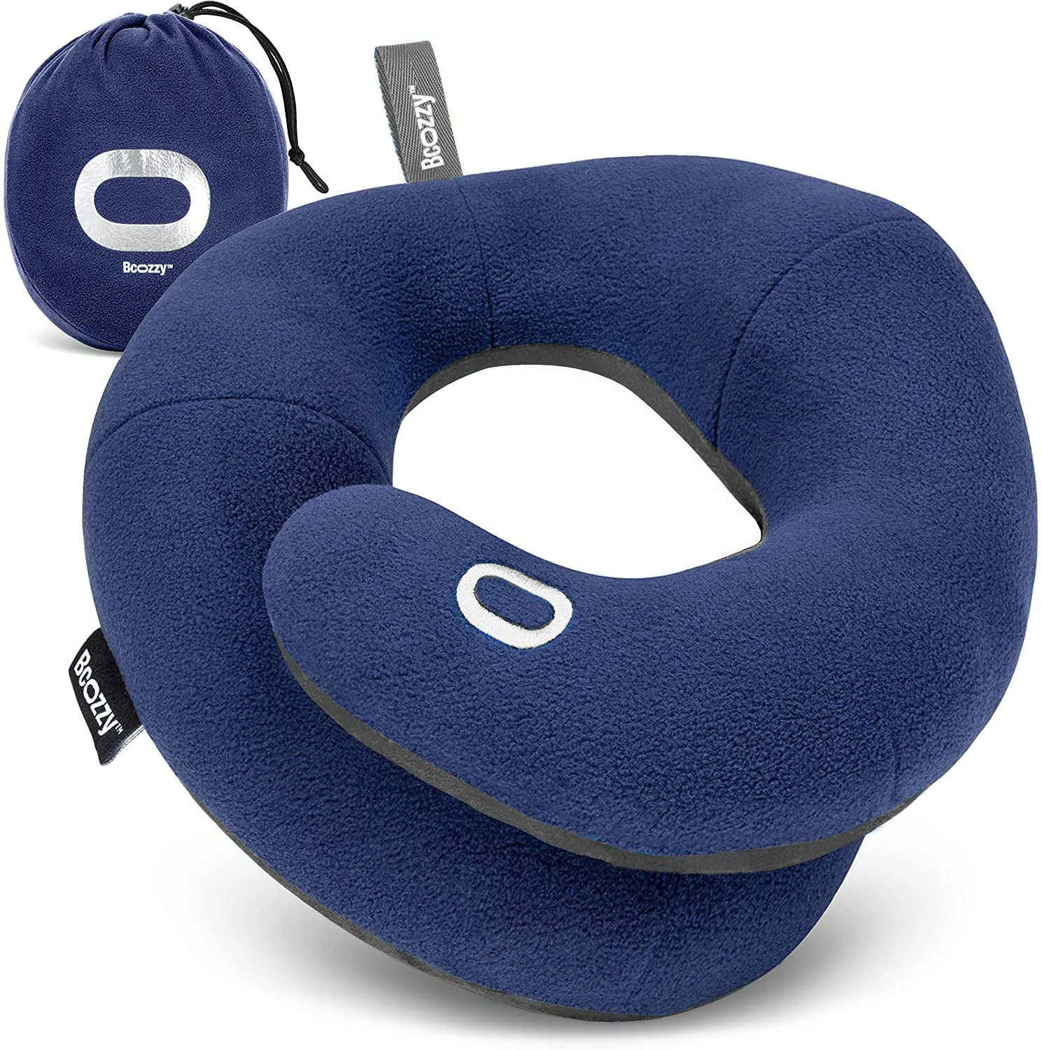BCOZZY Travel Neck Pillow for Airplane – Patented Double Support for Head, Neck, and Chin. Best for Long Flights, Plane Sleeping, and Car Rides. Adjustable Size. Fully Washable. Carry Bag. Large, Navy