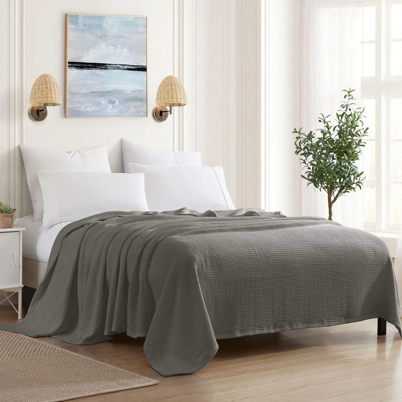 Sweet Home Collection 100% Fine Cotton Luxurious Basket Weave Blanket, Dark Gray Full/Queen