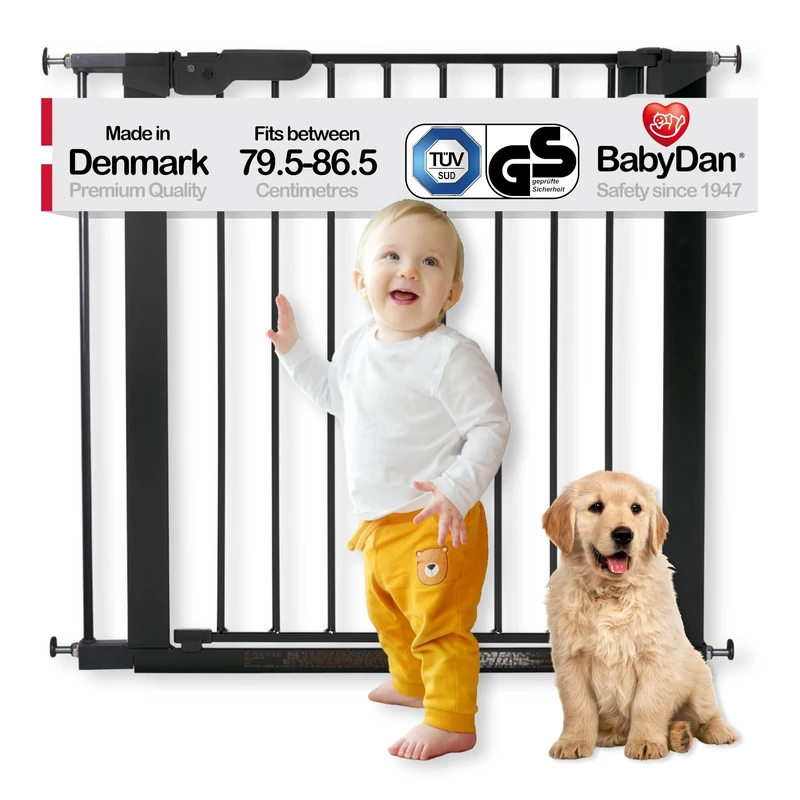 BabyDan Premier, Pressure Fit Stair Gate, 79.5-86.5 cm, Baby Gate/Safety Gate, Metal, Black, Made in Denmark - (Pet Gate/Dog gate)