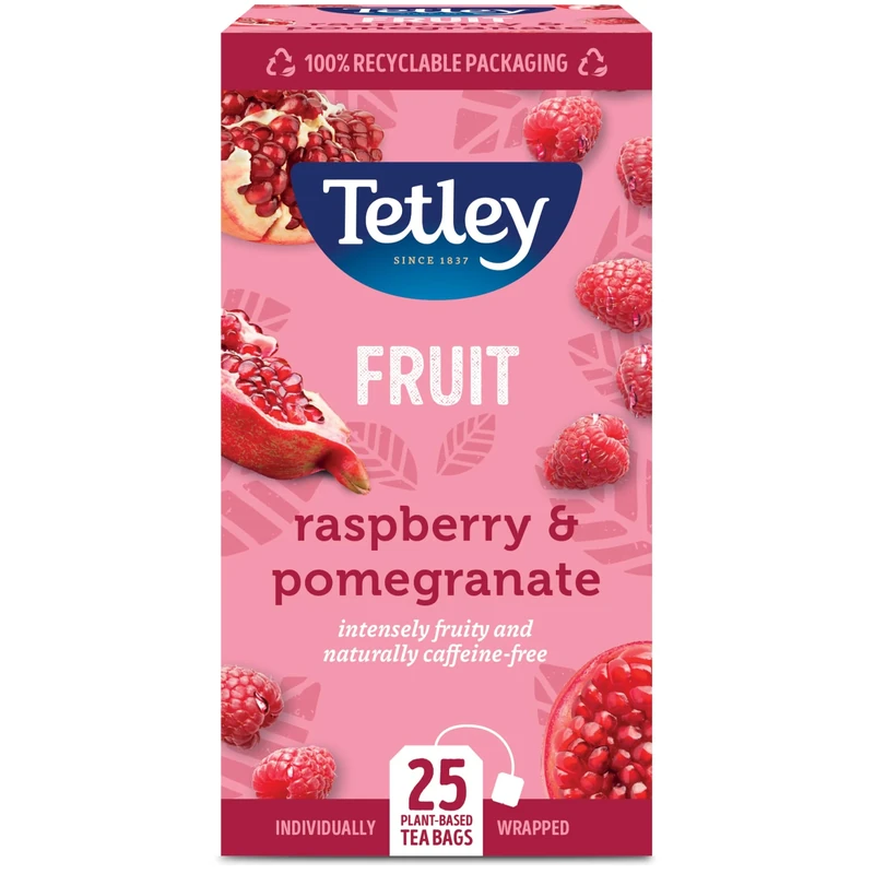 Tetley Raspberry & Pomegranate Tea Bags - Naturally Caffeine-Free - Juicy & Refreshing Fruit Infusion - Perfect for Any Time of Day - Rainforest Alliance Certified - 25 Individually Wrapped Teabags