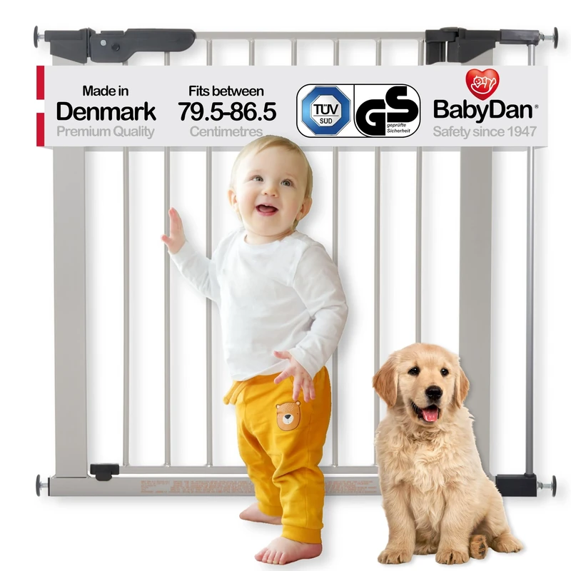 BabyDan Premier door grille / stair gate for clamping, 79.6 - 86.5 cm - made in Denmark and tested by the TÜV GS, color: silver / black