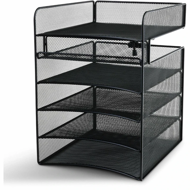 Safco Products Onyx Mesh 5-Tray Underdesk Hanging Organizer 10.25" W x 12.37" D x 14.37" H Easy Assembly Black Powder Coat Finish Durable Steel Mesh Construction 20 lb Capacity