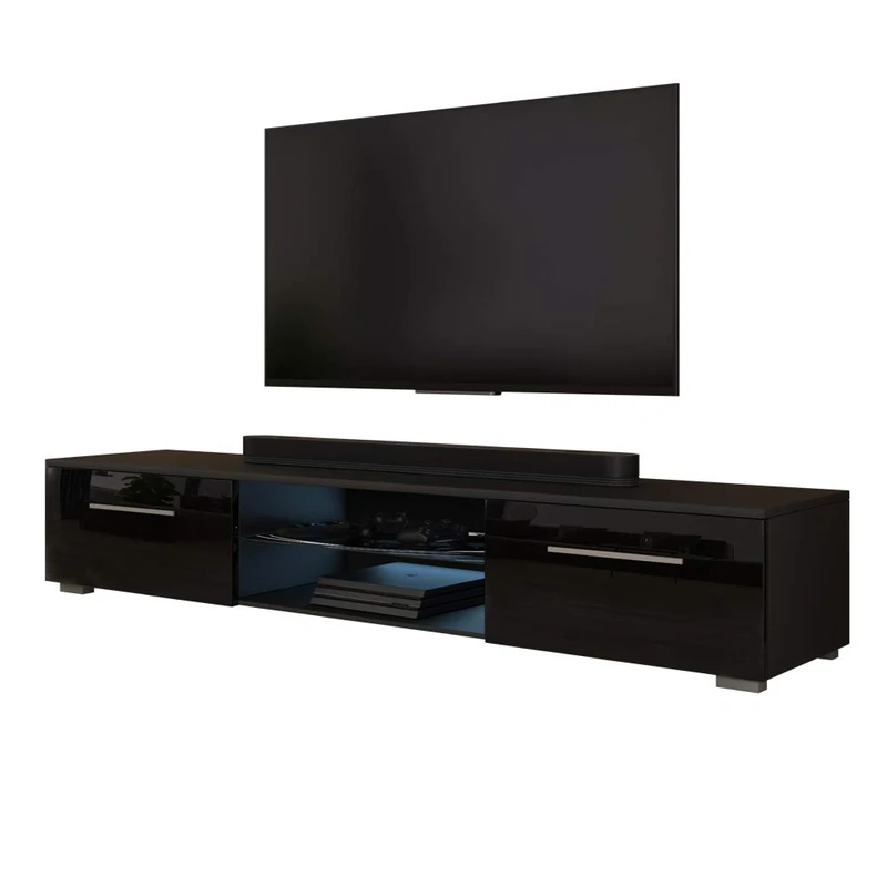 Selsey Syvis - TV Stand/Modern TV Cabinet (140cm, Matte Black/Gloss Black Front Panels with LED Lighting)