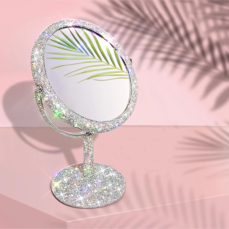 TISHAA Bling Makeup Vanity Mirror - Luxury Stand 2X Magnification Double Sided Glass Cosmetic Crystal Rhinestone Diamond Glitter Portable Desk Bathroom Bedroom Tabletop