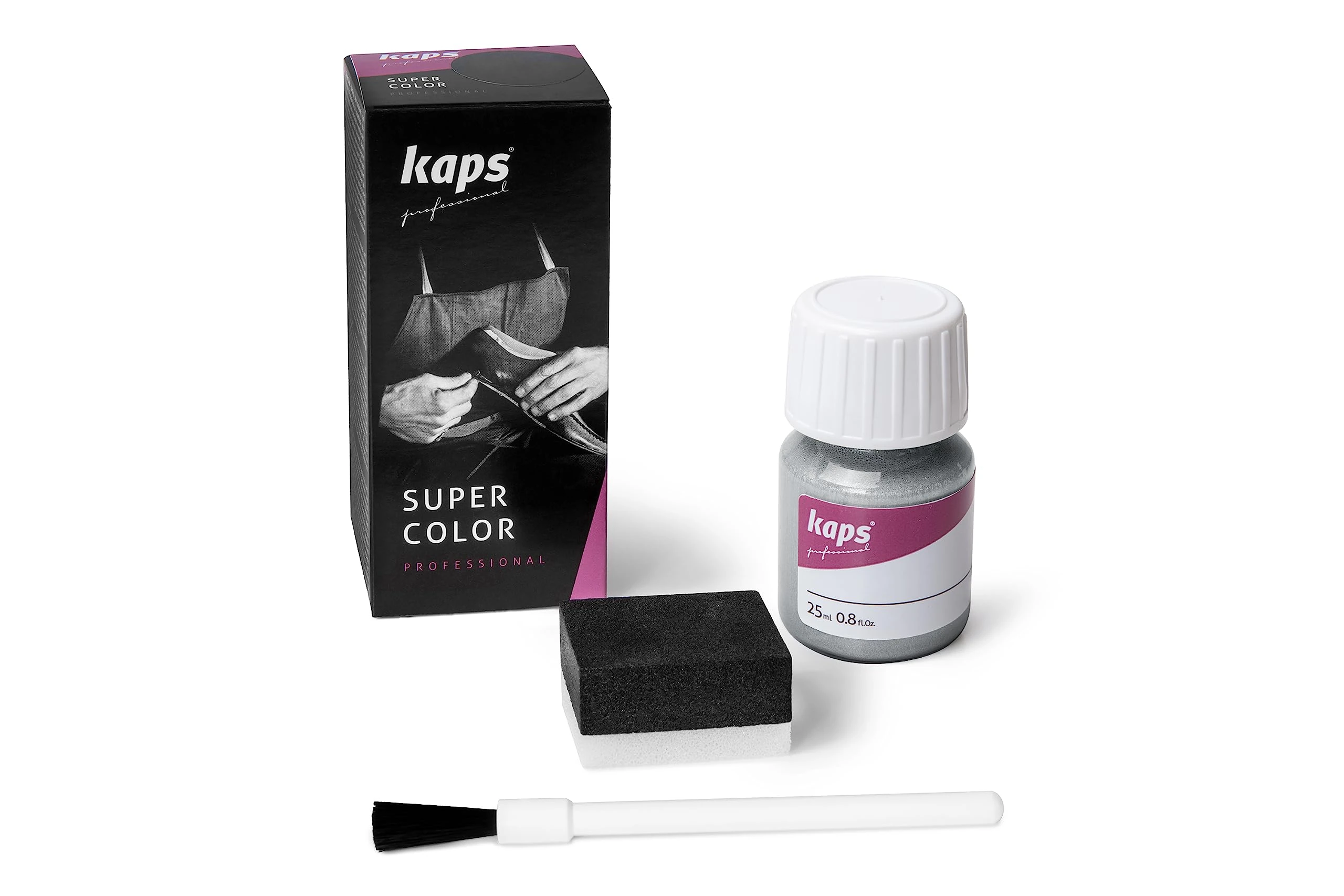 Kaps Super Color, Dye for Natural, Faux Leather and Fabric, Dye for Shoes, Boots and Bags with Sponge and Brush (403 - Brilliant Silver)