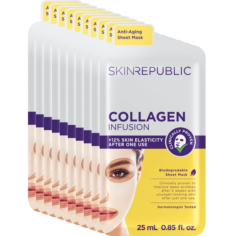Skin Republic Collagen & Vitamin E Infusion Sheet Mask | Pack of 10 | Helps with Fine Lines & Wrinkles | For Younger-Looking Skin