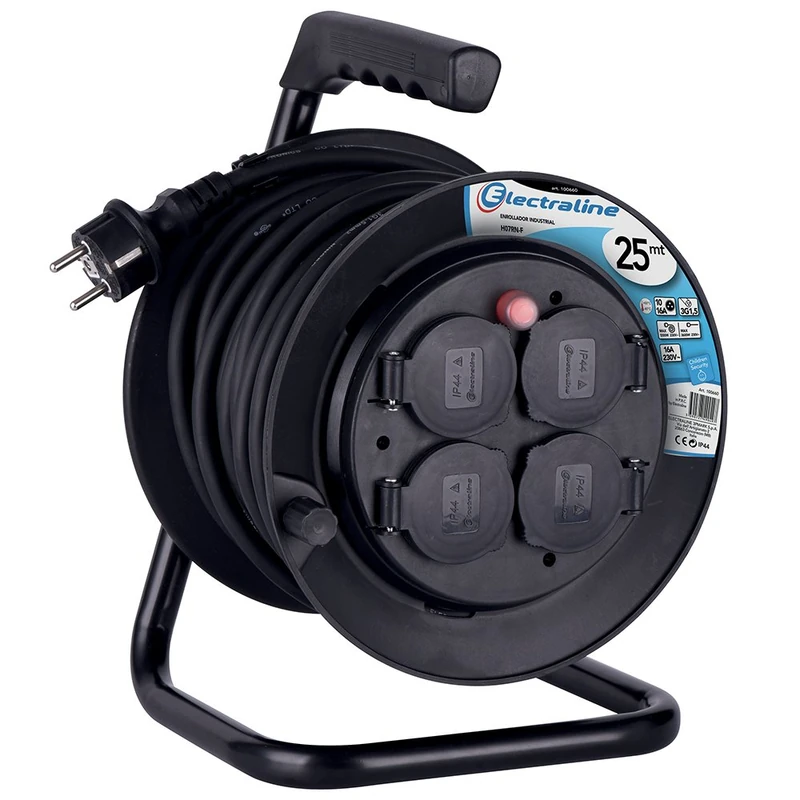 Electraline 100660 – Professional Cable 3 G1,5 mm², 25 M Cable Reel 4 sockets with Protection Lid IP44 16 A, Black