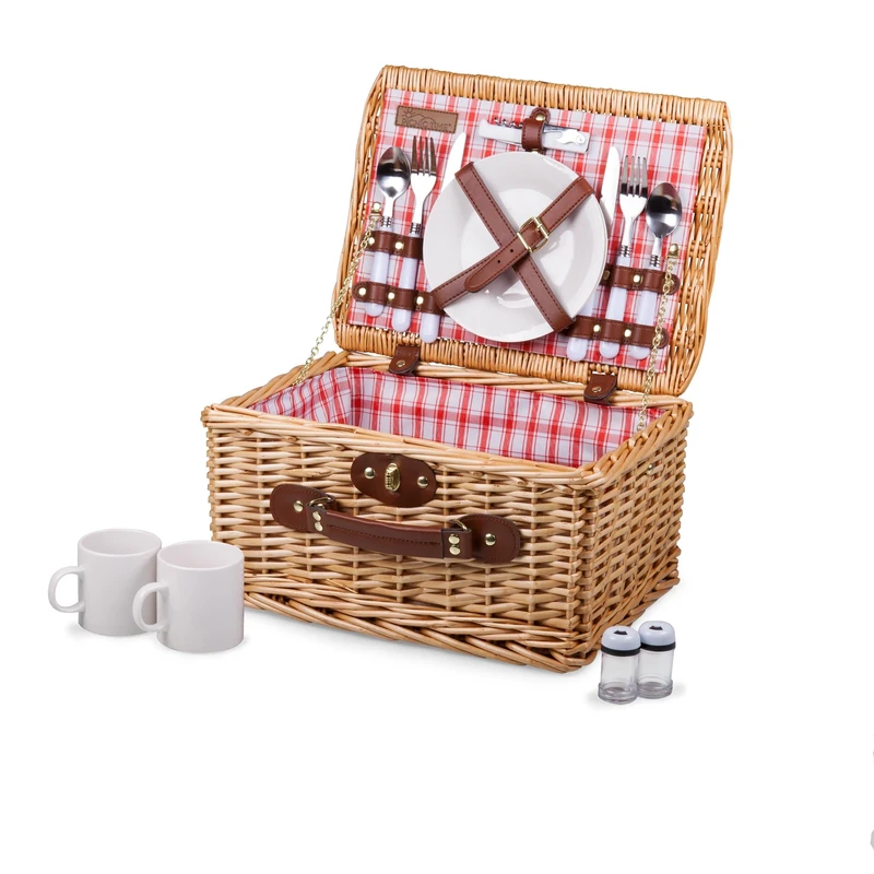 PICNIC TIME Catalina' English Style Picnic Basket with Service for Two, Watermelon Collection, Rattan & Wicker, Red/White Plaid